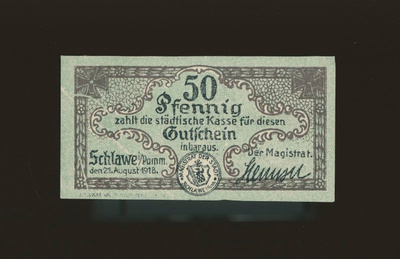 Saksa Notgeld 50 Pfennig, Schlawe 21.8.1918
