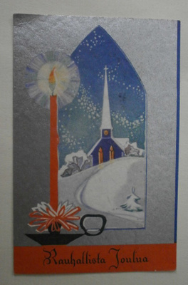 Kirkko, kynttilä, hopeatausta, joulupk, p. 1936