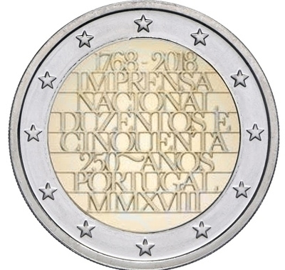 ** PORTUGALI 2€ 2018 INCM 250 vuotta pillerissä **