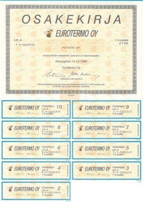 OKK 1990 Eurotermo Oy Helsinki osakekirja