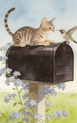 Kissa ja lintu mustan postilaatikon päällä