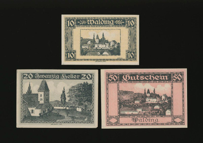 Itävalta Notgeld 10, 20, 50 Heller, Walding 1920