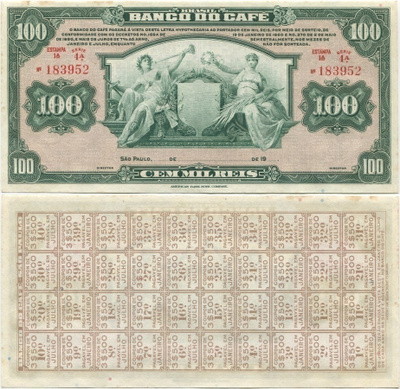 Brasilia Banco Do Cafe 100 Mil Reis 1890 UNC- (183952) ALE!