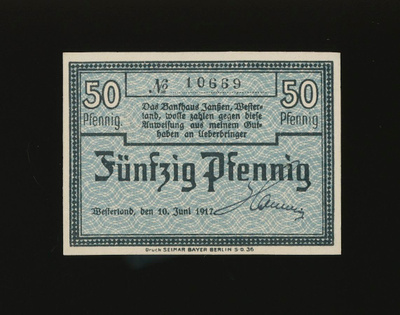 Saksa Notgeld 50 Pfennig, Westerland 10.6.1917