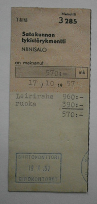 Kuitti leiriraha, Satakunnan tykistörykmentti,Niinisalo -57