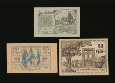 Itävalta Notgeld 10, 20, 50 Heller, Aschach 1920