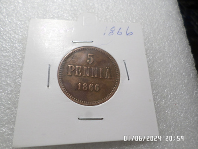 5 penniä    1866    komea   hieman patinoitunut  .