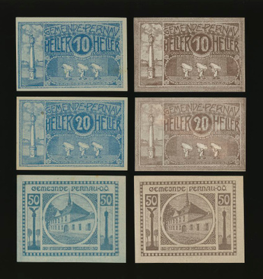Itävalta Notgeld 2x10, 2x20, 2x50 Heller, Pernau 1920