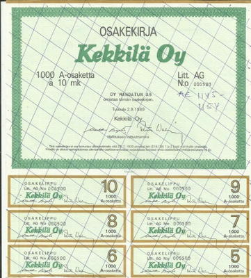 OKK 1989 Kekkilä Oy, Tuusula osakekirja pörssi