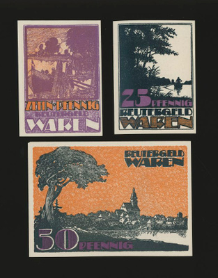 Saksa Notgeld 10, 25, 50 Pfg, Waren 1921