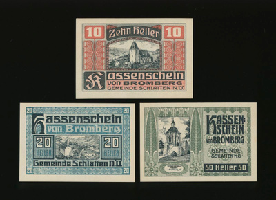 Itävalta Notgeld 10, 20, 50 Heller, Schlatten 1920