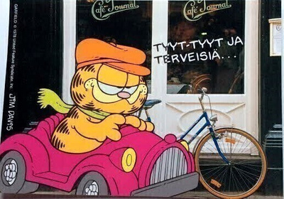 Karvinen auto ja polkupyörä Postikortti