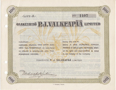 OKK 1909 P.J. Valkeapää Limited Oy bla, Helsinki osakekirja