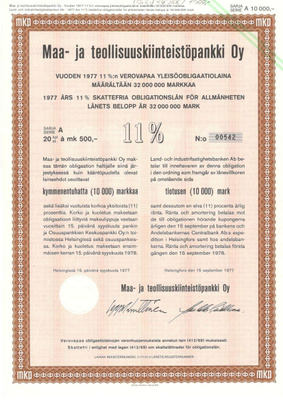 OKK obligaatio Maa- ja teollisuuskiinteistöpankki 15.9.1977