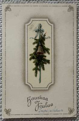 Joulukortti; havunoksa ja joulun kello, kulk 1900-luvun alus