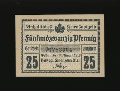 Saksa Notgeld 25 Pfennig, Dessau 20.8.1918