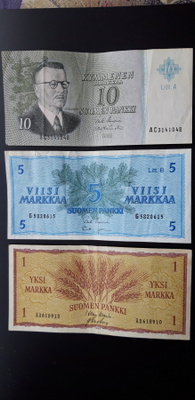 Markan raha, 5 markan seteli, 10 markan raha, 3 kpl