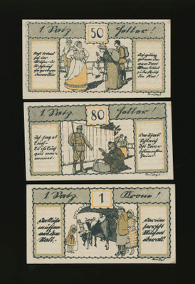 Itävalta Notgeld 50, 80 Heller, 1 Krone, Linz, 2. painos