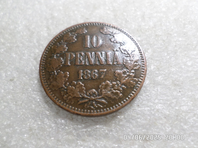 10 penniä 1867 kulkematon, tasaisesti patinoitunut