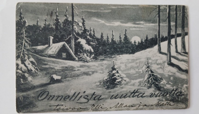 Mökki talvisessa metsässä kuutamolla, Uusi Vuosi, p. 1907