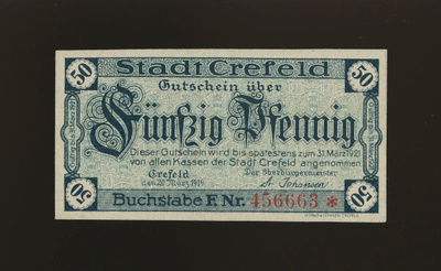 Saksa Notgeld 50 Pfennig, Crefeld 1919