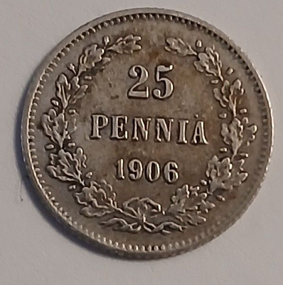 Nikolai II, hopea 25 penniä vuodelta 1906.