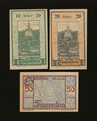 Itävalta Notgeld 10, 20, 50 Heller, Säusenstein 1920