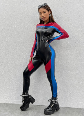 Seksikäs biker-tyyli pvc catsuit overall tekonahka kiiltävä