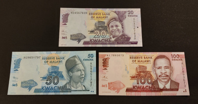 Malawi 20, 50, 100 Kwacha 2014-2021, P63-P65, UNC