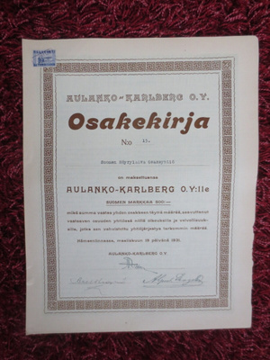Osakekirja Aulanko- Karlberg v.1931