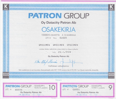 OKK 1989 Datacity Patron Oy spec, Turku pörssi osakekirja