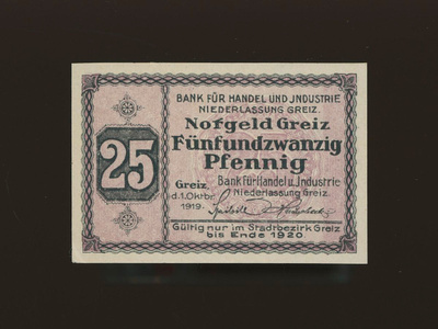 Saksa Notgeld 25 Pfennig, Greiz 1.10.1919