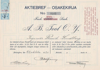 OKK 1920 Tool Oy, Helsinki osakekirja työkaluja