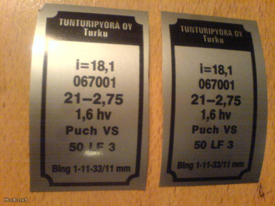 tyyppikilpi-tarra 067001 Tunturi Sport 1,6hv 67 & 68