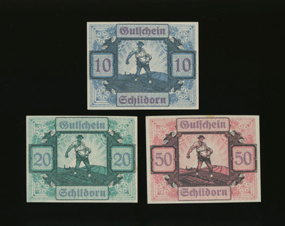 Itävalta Notgeld 10, 20, 50 Heller, Schildorn 1920