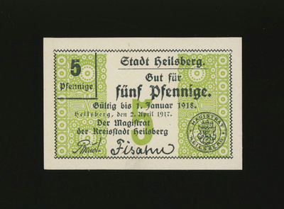 Saksa Notgeld 5 Pfennig, Heilsberg 2.4.1917