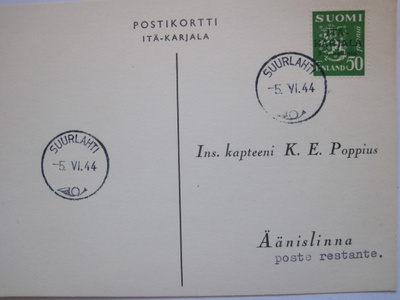 Postikortti Itä-Karjala Sot.Hallinto Suurlahti Leima 1944