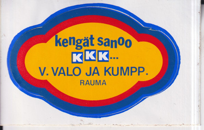 V. Valo ja Kumpp. Rauma , Kengät sanoo KKK...  tarra, e216