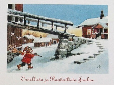 Tonttu hiippailee Joulukortti