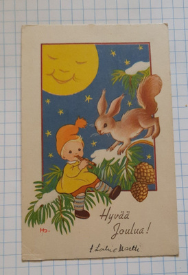 Helga Sjöstedt orava ja pikkutonttu oksalla, nyrkkiposti
