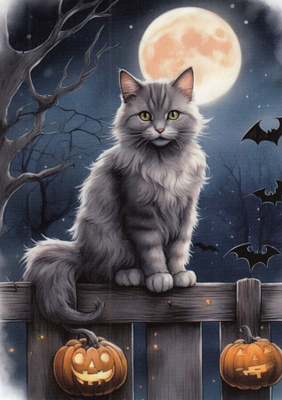 Halloween harmaa kissa, kaksi kurpitsaa