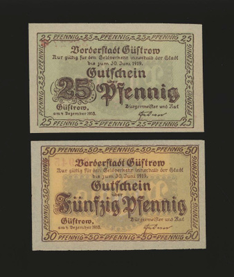 Saksa Notgeld 25, 50 Pfg, Güstrov 1918