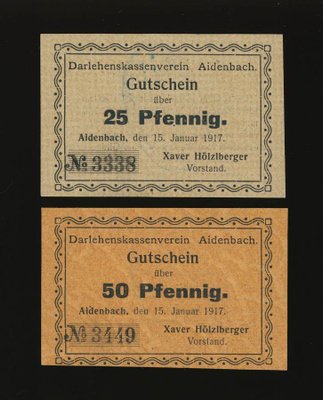 Saksa Notgeld 25, 50 Pfennig, Aidenbach 15.1.1917