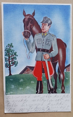 Olavi Salonen: Husaari taluttaa hevostaan p. 1940 + nroleima