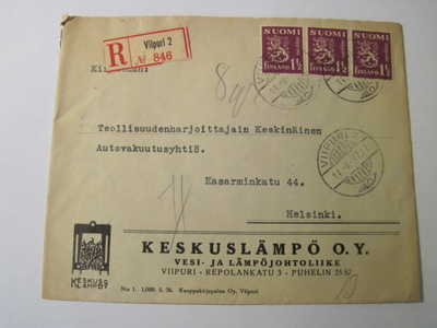 VANHA Kirjattu Firmakuori Keskuslämpö Oy Viipuri 1937