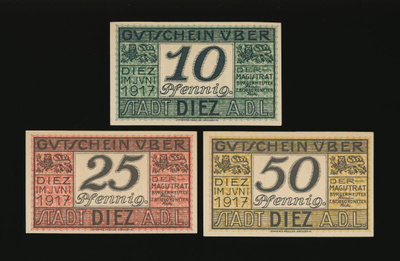 Saksa Notgeld 10, 25, 50 Pfennig, Diez 1917