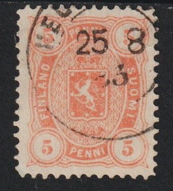 1882 5pennin oranssi Vaakunamerkki leimattuna