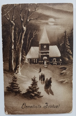 Väkeä menossa Joulukirkkoon jouluaamuna, mv pk, p. 1914