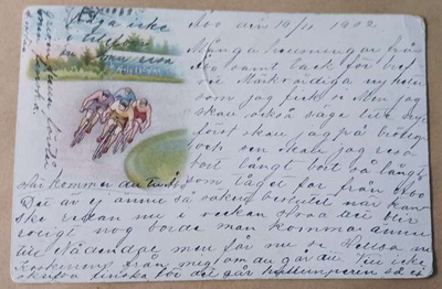 Kilpapyöräilijät, vanha piirrospk, p. 1902