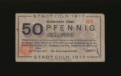 Saksa Notgeld 50 Pfennig, Köln 29.3.1917 HI VG